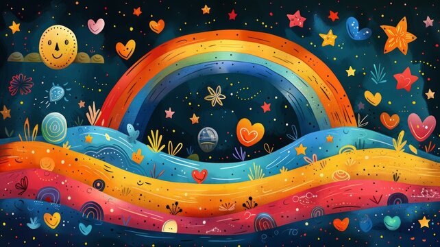 Background with a big rainbow and stars