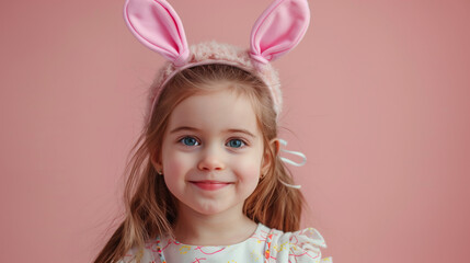 Obraz na płótnie Canvas Happy child in the ears of a bunny, happy easter season on a soft pink background