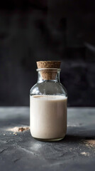 Obraz na płótnie Canvas Homemade almond milk in a glass jar in touch of flavor on a dark background. Almond milk in glass bottle with cork.
