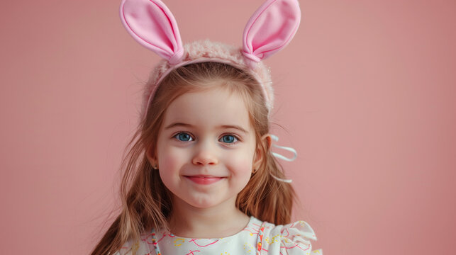 Happy child in the ears of a bunny, happy easter season on a soft pink background