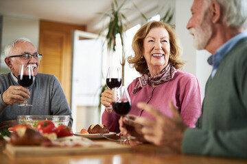 Happy senior friends having fun while toasting with red wine during a meal at dining table.