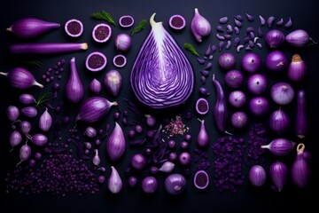 Purple fruits and vegetables. Food photo in monochrome purple color