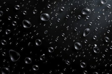 A realistic 3d modern illustration of condensation water drops falling from a black window surface. Raindrops reflecting light in a dark glass surface. Abstract wet texture, scattered pure aqua blobs