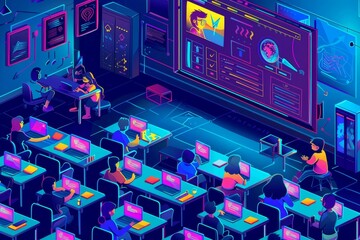 An isometric landing page for online education. Students watching distant lessons on a large screen from their desks. Webinar poster in an online school, university or college. - obrazy, fototapety, plakaty