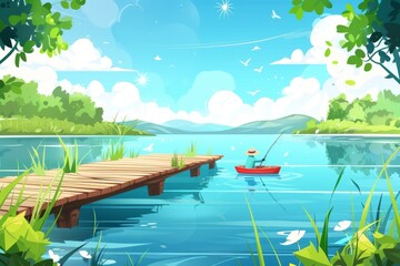 Fisherman in boat with wooden pier and river with sea bay. Modern illustration of summer landscape with boat, wharf, and man in hat with fishing rod.