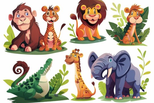 Jungle inhabitants predators and herbivorous, isolated modern illustrations of a tiger, lion, monkey, zebra, elephant, and crocodile in a zoo.