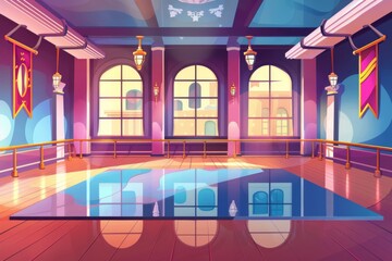 This cartoon modern illustration shows a dance studio, an empty ballet class with mirrors and wooden floor, a rehearsal room for lessons, and a dance-hall for trainings.