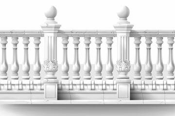 Balustrades with pillars, columns, balusters and handrails in white marble or stone. Modern realistic 3D fence in classic Greek or Roman style for balconies, terraces, and stairs.