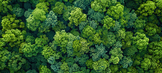 Aerial top view of green trees in forest. Drone view of dense green tree captures CO2. Green tree nature background for carbon neutrality and net zero emissions concept. Sustainable green environment