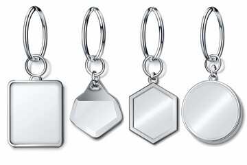 The set includes three types of keys with metal rings: round, square, hexagon. The mockup includes silver colored accessories and souvenir pendants. Modern illustration with realistic 3D modern