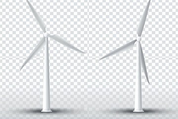 Front and side view of wind turbines, windmills and energy power generators for generating alternative eco energy. Realistic 3D modern mock-up isolated on transparent background.