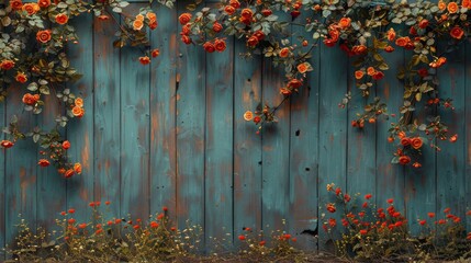  a wooden fence with a bunch of orange flowers growing on the top of it and a bunch of green leaves on the bottom of the fence.