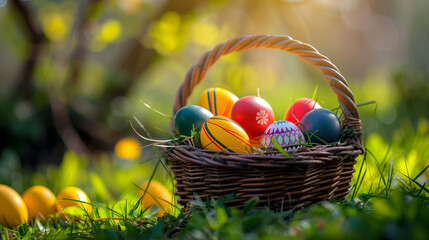 Colorful easter eggs in a basket on green grass in the garden on a sunny day