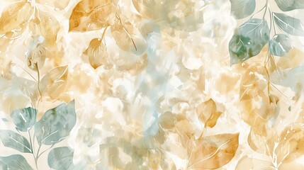 An elegant golden wallpaper with a white background and blue and green watercolor stains. Golden cherry leaves wall art with the texture of shiny light. Modern illustration.