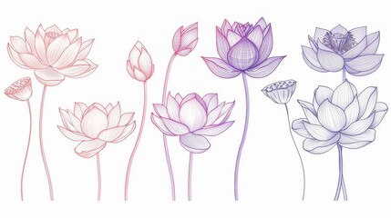 Hand drawn lotus flower collection on white background. Modern hand-drawn illustration.