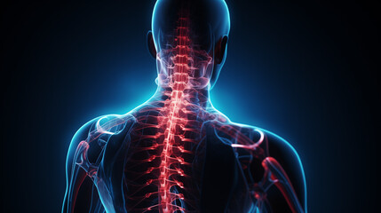3D render of an x-ray of the human back with spine and areas of pain. Generative AI