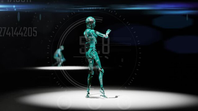 Moving ai robots on black background with white light spot from top. Humanoids cyborg dancing in slow motion with data programming code overlay