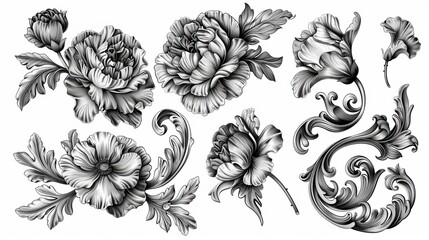 An antique baroque set of rose peony carnation flowers. Black and white Victorian frame border ornament. Modern retro pattern with engraved leaf scrolls. Filigree design of decorative tattoo. - obrazy, fototapety, plakaty