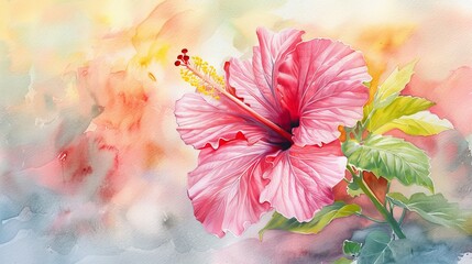 Watercolor, hibiscus, flower - obrazy, fototapety, plakaty