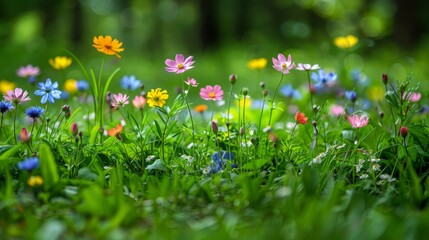  a field of wildflowers and daisies in a green grass field with a blurry background of trees.