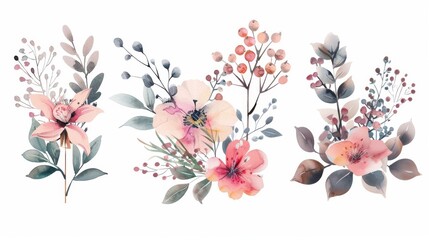 Flowers, berries, and plants in watercolor for design. Modern background for invitations, weddings, and greeting cards. - obrazy, fototapety, plakaty