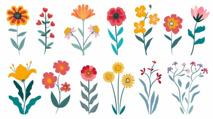 Isolated flowers on white background. Set of colorful floral icons. Flowers in flat dashed style. Modern illustration.