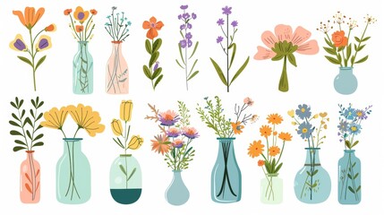 Isolated on white background, bouquets of wild and garden flowers in vases and bottles. Set of decorative floral design elements. Flat cartoon modern illustration. - obrazy, fototapety, plakaty