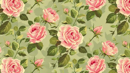 Vintage rose pattern on green background