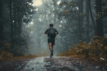 Fotobehang Athletic rainy forest. Runner morning training. Generate Ai © anatolir