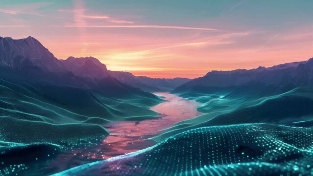 Futuristic digital landscape with neon grid lines on a mountainous terrain at sunset.