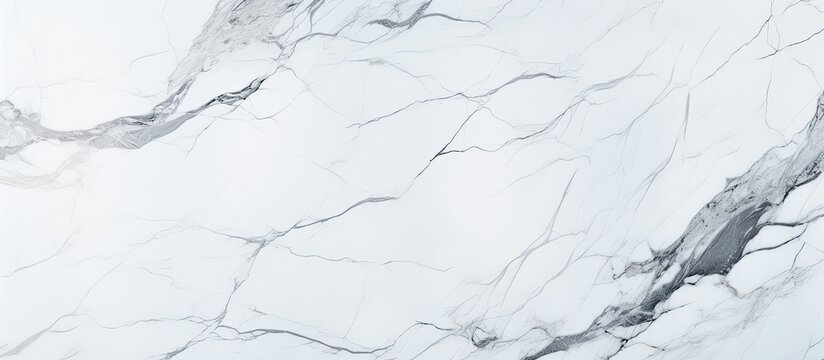 A detailed closeup showcasing the intricate patterns of white marble, resembling a snowy landscape with hints of freezing ice cap and delicate twigs