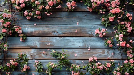 Fototapeta na wymiar a bunch of pink flowers are growing on a wood planked wall with green leaves and pink flowers on it.