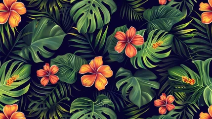 Fototapeten This seamless tropical pattern features palm leaves and flowers in modern format. © Mark