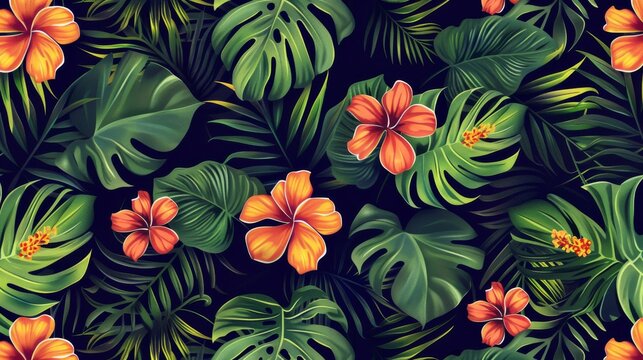 This seamless tropical pattern features palm leaves and flowers in modern format.