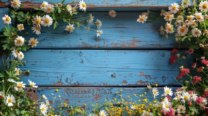  a close up of a bunch of flowers on a blue wooden surface with a border of daisies and wildflowers.