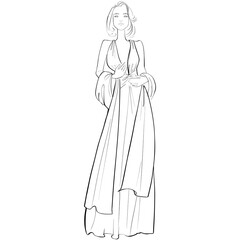 Fashion Illustration on a white background. Woman in an evening dress. Sketch for coloring. 
