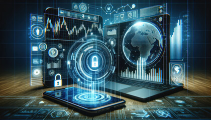 cybersecurity and financial analysis represented in a digital artwork. The scene features a 3D holographic projection