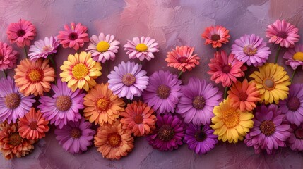  a close up of a bunch of flowers on a purple background with pink and yellow flowers in the middle of the picture.