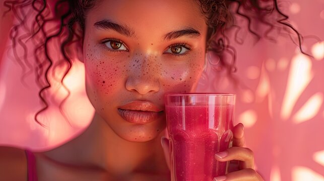 Close up portrait of young african american woman with smoothie