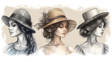 Elegant vintage sketch of a woman's hat. Young women in old-fashioned headdress - obrazy, fototapety, plakaty