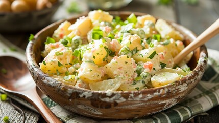 Potato salad close up in rustic bowl with green and white napking and wood spoon