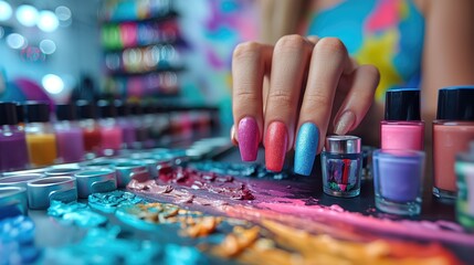 Female hand with long nails and bright pink manicure. Nail polish bottles. - obrazy, fototapety, plakaty