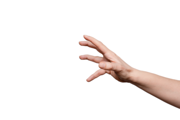 Close up of hand trying to reach for someone or something. Gesture of asking help or sign for lust isolated on light gray background. Right hand. 