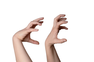 Rage hands expression. Spooky or creepy hands gesture isolated on transparent png background. Scary zombie halloween hands. 