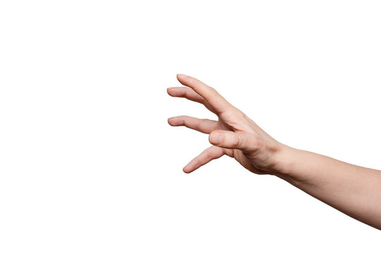 Close up of hand trying to reach for someone or something. Gesture of asking help or sign for lust isolated on light gray background. Right hand. 