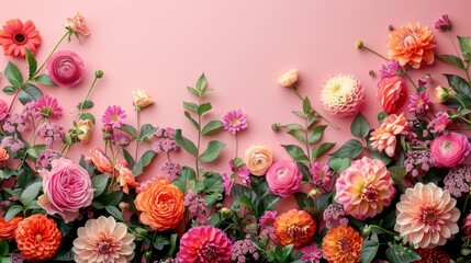  a bunch of different colored flowers on a pink background with green leaves and flowers on the side of the wall.