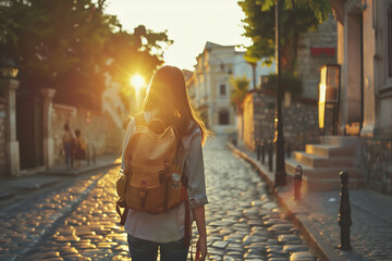 Girl backpacking travelling through old city streets against the backdrop of the setting sun,...