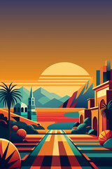 Fototapeta na wymiar Mexican poster desert Mexico background festive backdrop with cactus for festival Cinco de mayo. Artistic illustration of a serene sunset with a colorful, geometric city foreground