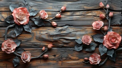  a close up of a bunch of flowers on a piece of wood with leaves and flowers growing out of it. - obrazy, fototapety, plakaty