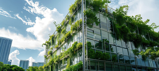 Sustainable green building. Eco-friendly building. Sustainable glass office building with trees for reducing carbon dioxide. Green company office with green environment. Corporate building reduce CO2.